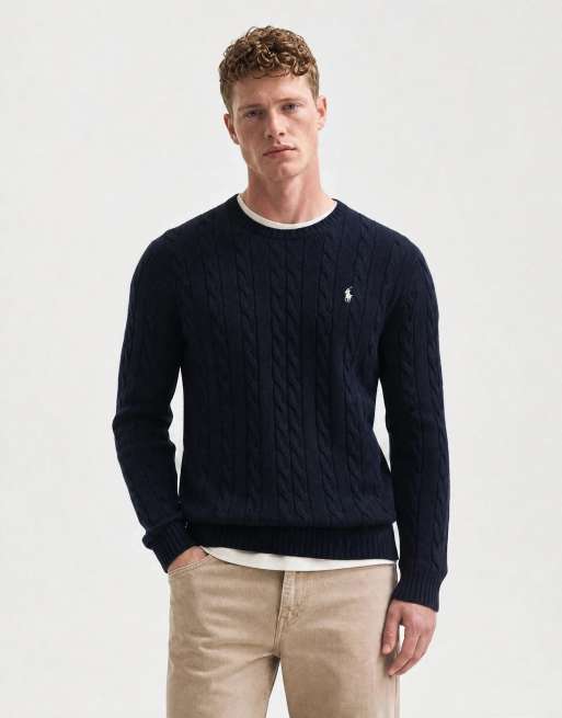 Polo Ralph Lauren icon logo cotton cable sweatshirt in navy, 6 of 10
