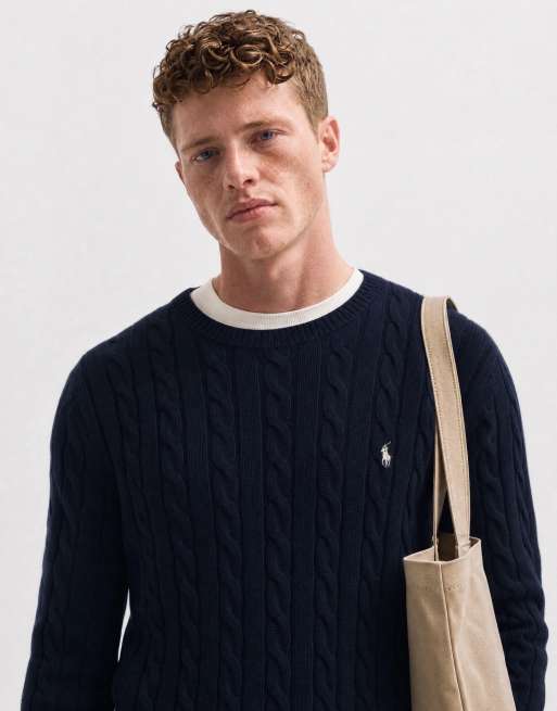 Polo Ralph Lauren icon logo cotton cable sweatshirt in navy, 8 of 10