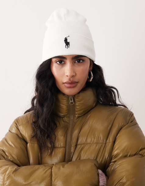 Polo Ralph Lauren icon logo cotton knit beanie in off white and black