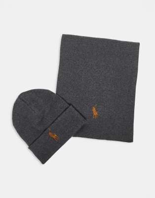 Polo Ralph Lauren Polo Ralph Lauren icon logo cotton knit beanie & scarf set in dark grey marl