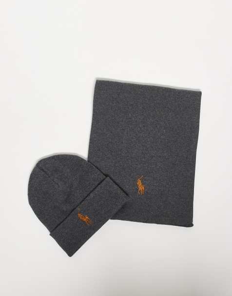 Polo Ralph Lauren icon logo cotton knit beanie & scarf set in dark grey marl - view 1