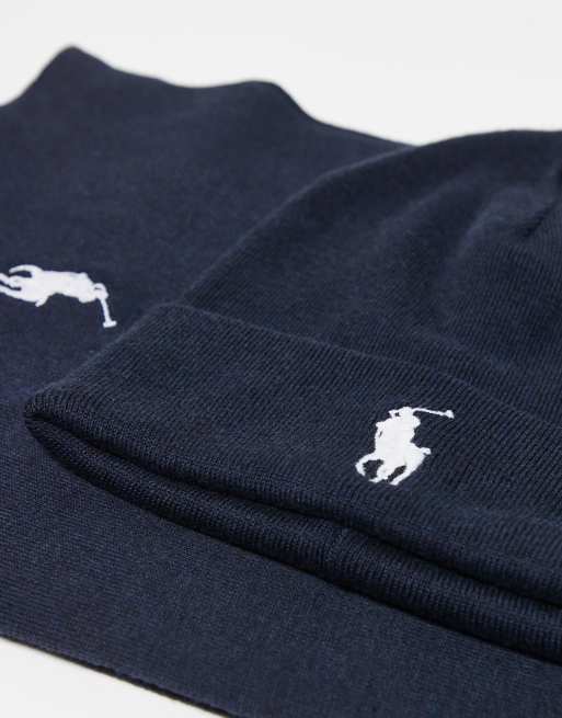 Polo Ralph Lauren icon logo cotton knit beanie & scarf set in navy marl, 2 of 3