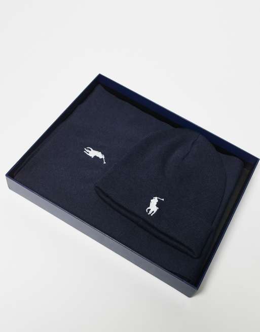 Polo Ralph Lauren icon logo cotton knit beanie & scarf set in navy marl, 3 of 3