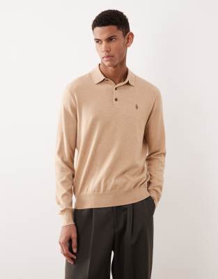 Polo Ralph Lauren Men's Neutral Icon Logo Cotton Knit Polo Jumper In Camel Marl