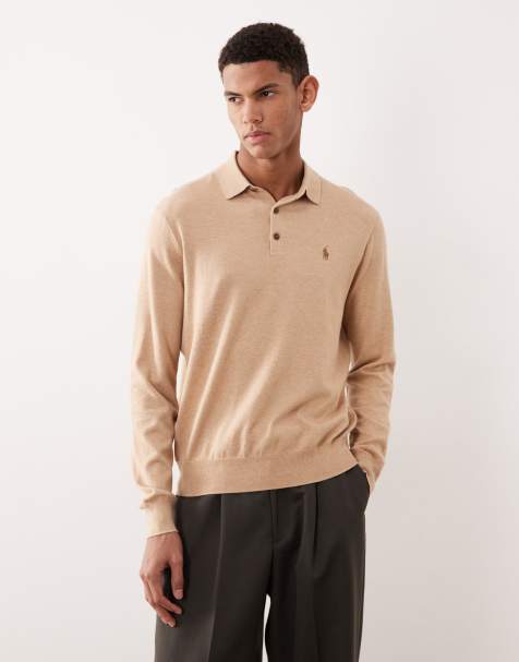 Polo Ralph Lauren icon logo cotton knit polo jumper in camel marl - view 1