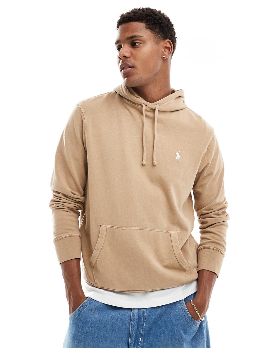 Polo Ralph Lauren icon logo cotton linen terry hoodie in khaki tan-Brown