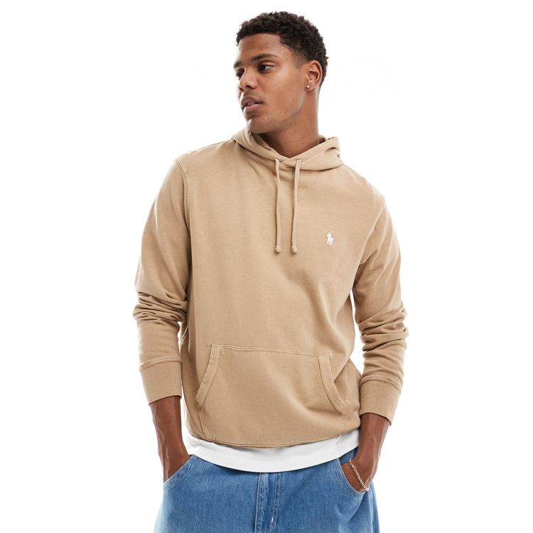 Polo Ralph Lauren icon logo cotton linen terry hoodie in khaki tan 