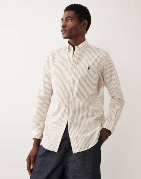 Polo Ralph Lauren icon logo cotton striped linen shirt in beige