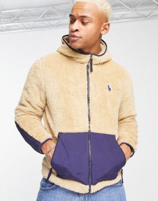 Polo Ralph Lauren icon logo curly borg colourblock full zip hoodie in sand/navy - ASOS Price Checker