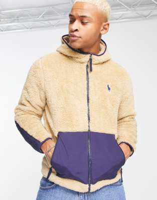 Polo Ralph Lauren icon logo curly borg colourblock full zip hoodie in sand/navy