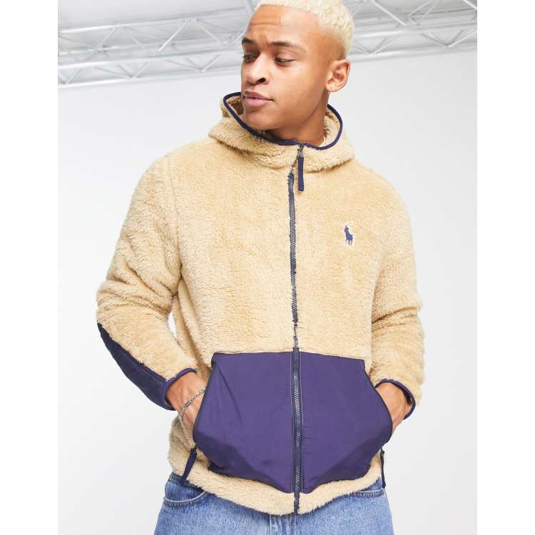 Polo Ralph Lauren icon logo curly borg colourblock full zip hoodie in sand/ navy | ASOS