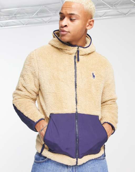 Polo Ralph Lauren icon logo curly borg colourblock full zip hoodie in sand navy