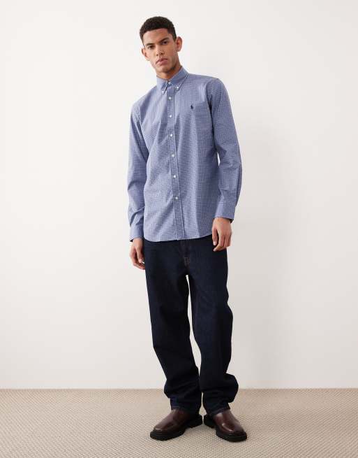 Polo Ralph Lauren icon logo custom fit check poplin shirt in mid blue, 2 of 5