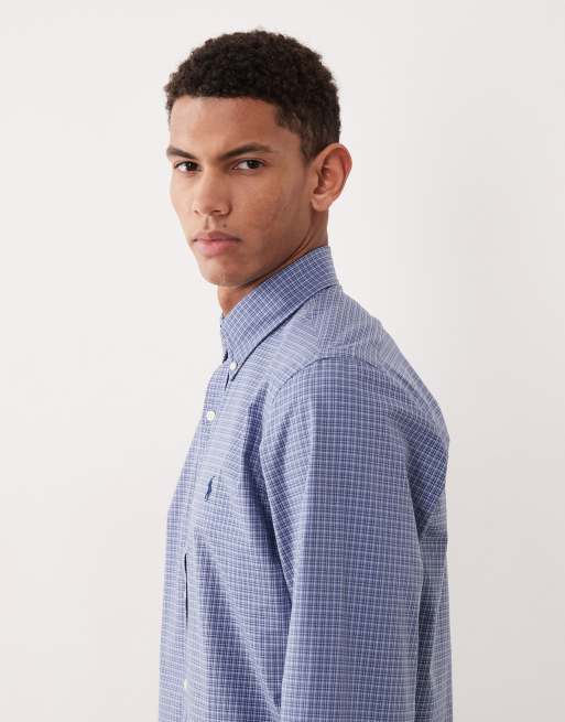 Polo Ralph Lauren icon logo custom fit check poplin shirt in mid blue, 4 of 5