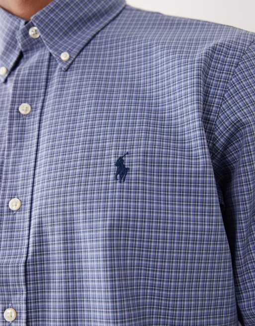 Polo Ralph Lauren icon logo custom fit check poplin shirt in mid blue, 5 of 5