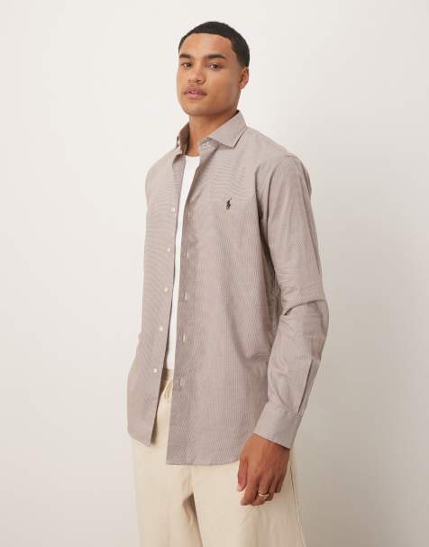 Polo Ralph Lauren icon logo custom fit check sanded twill shirt in cream/brown - view 1