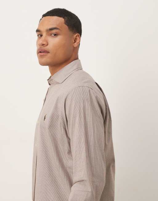 Polo Ralph Lauren icon logo custom fit check shirt in light brown, 4 of 5