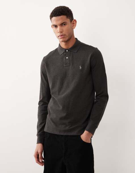 Polo Ralph Lauren icon logo custom fit long sleeve pique polo shirt in charcoal marl - view 1