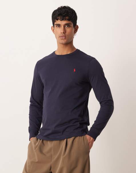 Polo Ralph Lauren icon logo custom slim fit cotton long sleeve t-shirt in dark navy - view 1