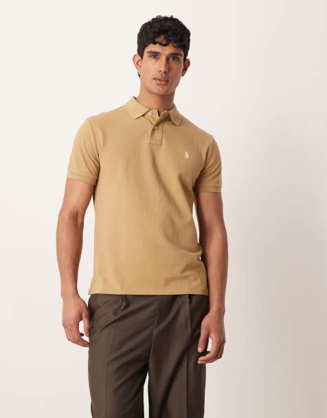 Polo Ralph Lauren icon logo custom slim fit pique polo in tan - view 1