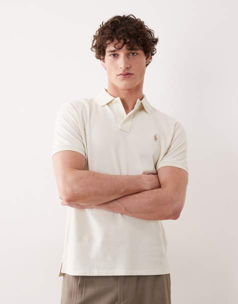 Polo Ralph Lauren icon logo custom slim fit pique polo shirt in cream - view 1