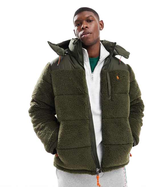 Polo Ralph Lauren icon logo detatchable hood sherpa borg puffer jacket in olive green ASOS