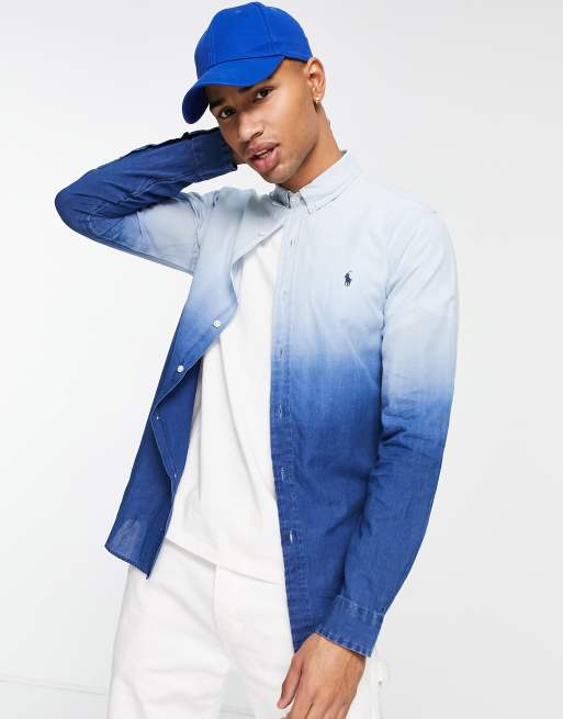 Polo Ralph Lauren icon logo dip dye cotton linen shirt in blue | ASOS