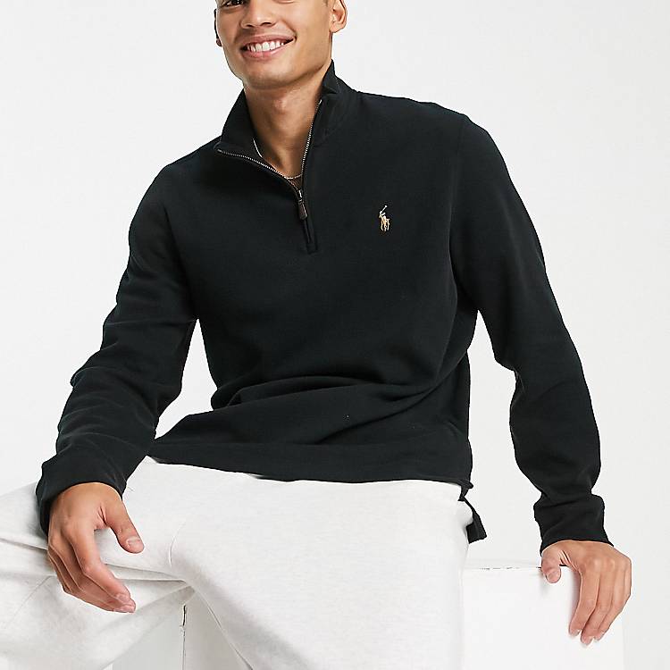 Polo Ralph Lauren icon logo double knit half zip sweatshirt in black | ASOS