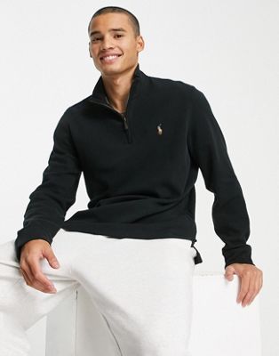 Polo Ralph Lauren icon logo double knit half zip sweatshirt in black ASOS