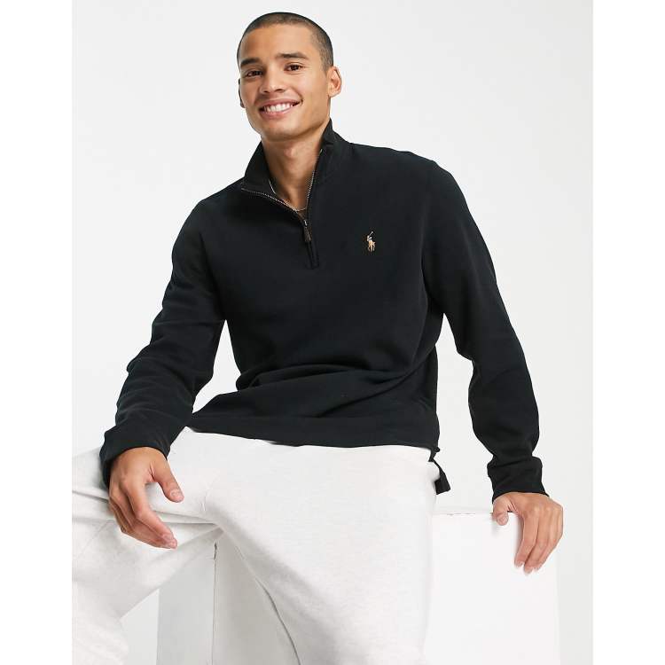 Polo Ralph Lauren icon logo double knit half zip sweatshirt in black | ASOS