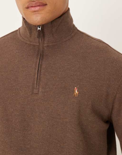 Polo Ralph Lauren icon logo double knit half zip sweatshirt in brown, 4 of 5