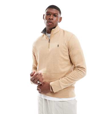 Polo Ralph Lauren Polo Ralph Lauren icon logo double knit half zip sweatshirt in camel marl-Neutral