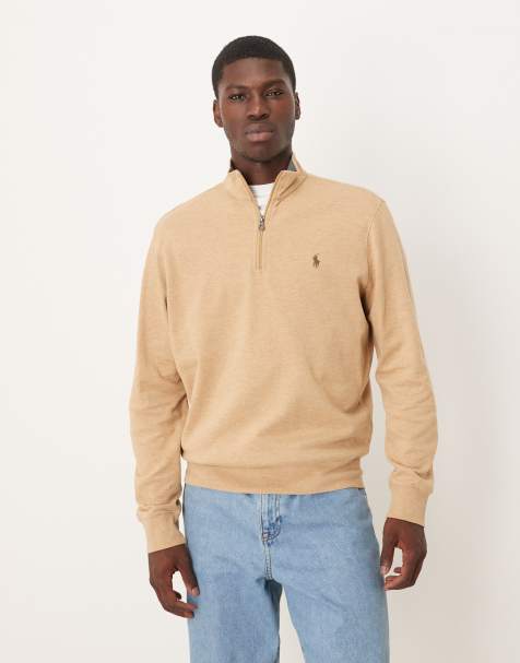 Polo Ralph Lauren icon logo double knit half zip sweatshirt in camel marl - view 1