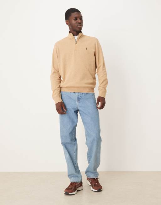 Polo Ralph Lauren icon logo double knit half zip sweatshirt in camel marl, 2 of 5