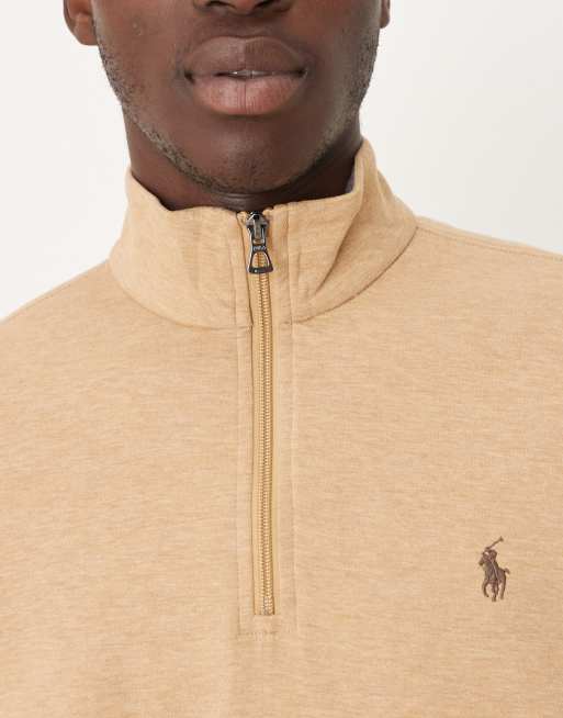 Polo Ralph Lauren icon logo double knit half zip sweatshirt in camel marl, 3 of 5
