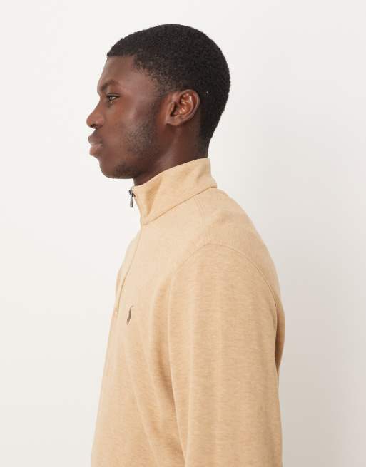 Polo Ralph Lauren icon logo double knit half zip sweatshirt in camel marl, 4 of 5