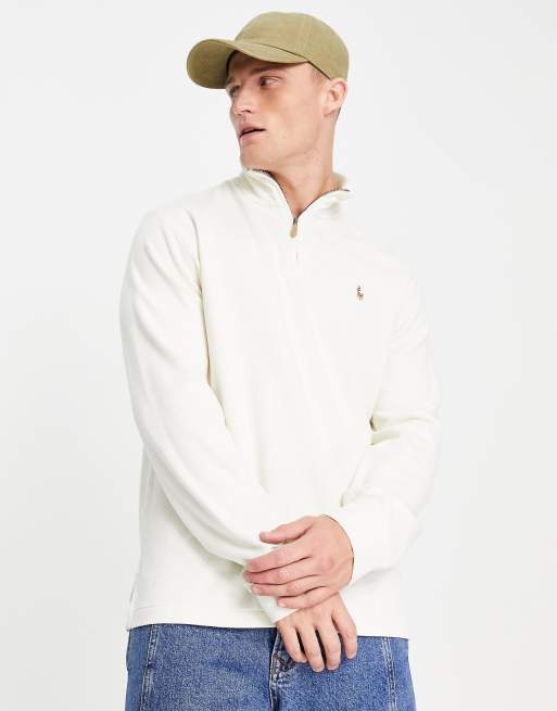 Polo Ralph Lauren icon logo double knit half zip sweatshirt in cream | ASOS