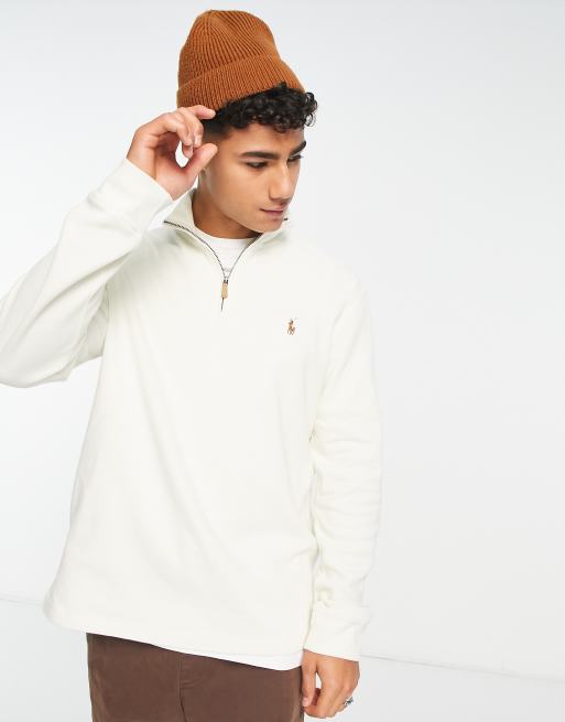 Polo Ralph Lauren icon logo double knit half zip sweatshirt in cream | ASOS