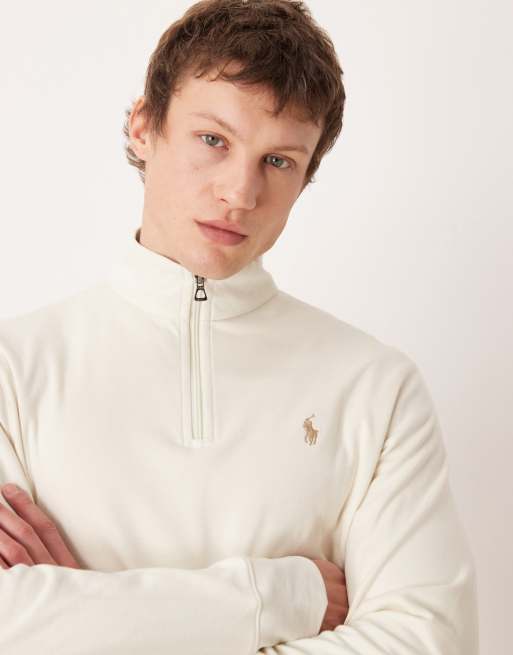 Polo Ralph Lauren icon logo double knit jersey half zip sweatshirt in cream, 5 of 5