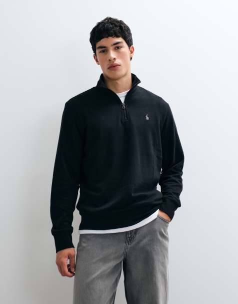 Polo Ralph Lauren icon logo double knit jersey quarter zip sweatshirt in black - view 1