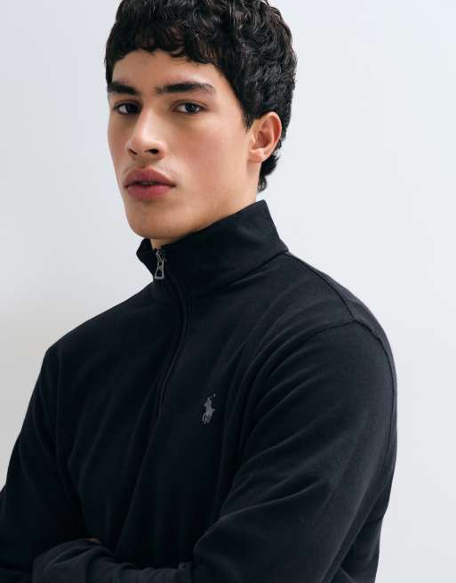 Polo Ralph Lauren icon logo double knit jersey quarter zip sweatshirt in black, 2 of 5