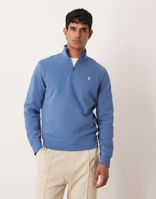 Polo Ralph Lauren Men's Blue Icon Logo Double Knit Jersey Quarter Zip Sweatshirt In Mid