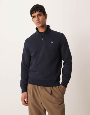 Polo Ralph Lauren Men's Navy Icon Logo Double Knit Jersey Quarter Zip Sweatshirt In