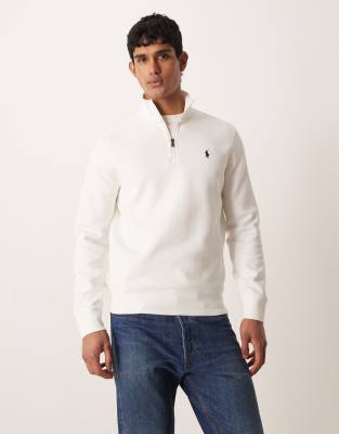 Polo Ralph Lauren Men's White Icon Logo Double Knit Jersey Quarter Zip Sweatshirt In