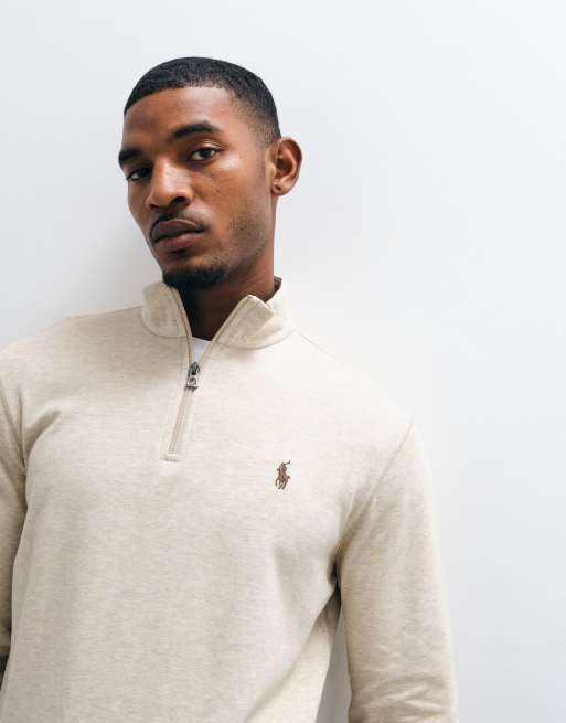 Polo Ralph Lauren icon logo double knit quarter zip sweatshirt in beige, 2 of 5