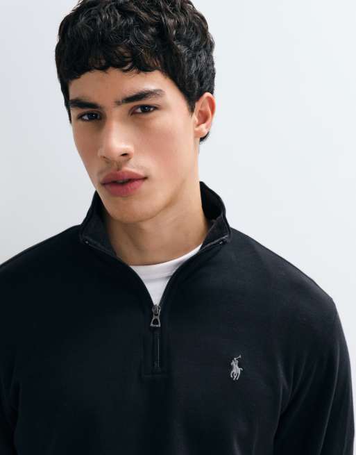Polo Ralph Lauren icon logo double knit quarter zip sweatshirt in black, 4 of 5