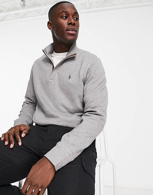 Polo Ralph Lauren icon logo double knit suedette trim half zip sweatshirt  in grey marl | ASOS