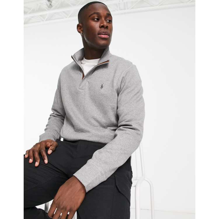 Polo Ralph Lauren icon logo double knit suedette trim half zip sweatshirt  in grey marl | ASOS