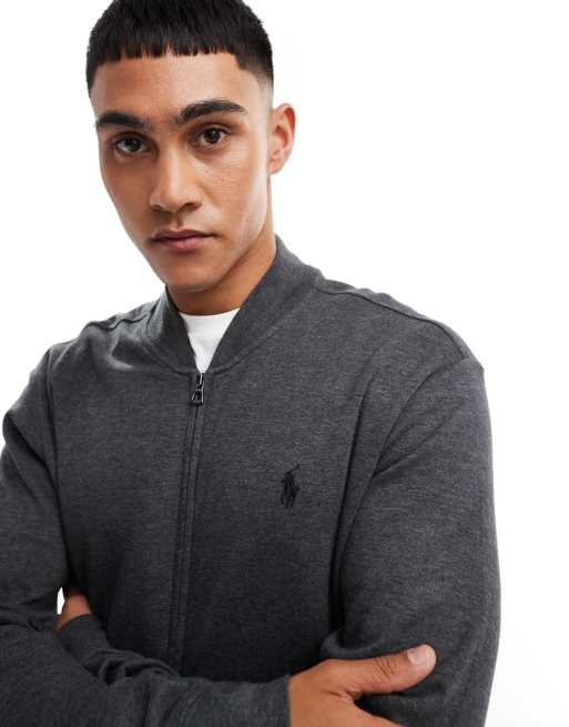 Polo Ralph Lauren icon logo double knit sweat bomber jacket in charcoal marl ASOS