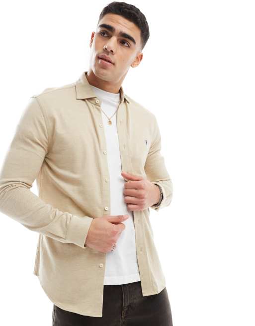 Polo Ralph Lauren icon logo estate collar herringbone print jersey shirt in beige heather